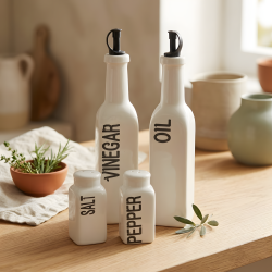 Porcelain Oil Dispenser & Salt Shaker Set - 4 Pcs